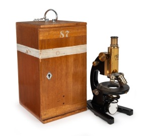 CARL ZEISS JENA: 19th century brass and steel microscope [#178092] in lockable timber box with key, 36cm at highest setting.