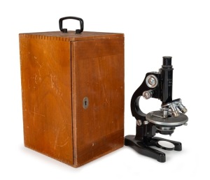 LEITZ: Early 20th century steel microscope [#313186], 34.5cm at highest setting, in timber box with several additional elements and many prepared slides.