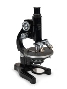 LEITZ: Early 20th century steel microscope [#313186], 34.5cm at highest setting, in timber box with several additional elements and many prepared slides. - 2