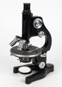 LEITZ: Early 20th century steel microscope [#313186], 34.5cm at highest setting, in timber box with several additional elements and many prepared slides. - 3