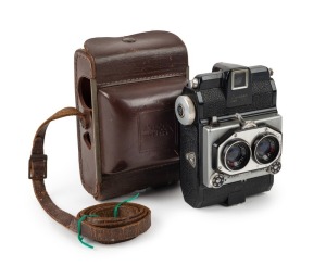 ISO: Duplex Super 120 stereo camera, c. 1956, with twin Iriar 35mm f3.5 lenses and matching leather case.