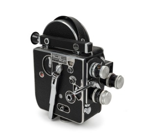 BOLEX-PAILLARD: H8 Supreme 8mm movie camera [#179807], c. 1954, with Pizar 5.5mm f1.9/Switar 12.5mm f1.5/Yvar 36mm f2.8 lenses, three metal lens caps, and two viewfinder attachments.