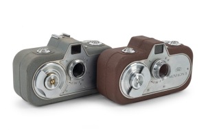 ZEISS IKON: Two c. 1952 Movikon 8 movie cameras, one in grey and one in brown with Zeiss Ikon UV 1x lens filter. (2 movie cameras)