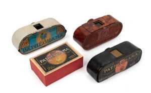 PATHÉ: Three 'Pathéorama' film viewers - one black, one white, and one in Bakelite, together with boxed set of six films. (4 items)