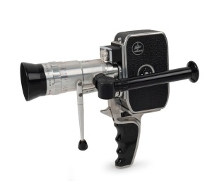 BOLEX-PAILLARD: Bolex B8L double-8 movie camera [#819715], c. 1958, with Som Berthiot Pan-Cinor 10-30mm f2.8 lens [#ZB15787] with attached zoom finder and lens hood, pistol-grip attachment, and one body cap.