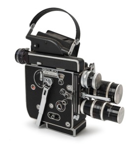 BOLEX-PAILLARD: H16 Rex-5 16mm movie camera [#261101], c. 1974, with Switar 75mm f1.9/Yvar 75mm f2.8/Switar H16RX 25mm f1.4 lenses, three metal lens caps, viewfinder, and magazine dock attachment.