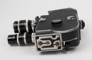 BOLEX-PAILLARD: H16 Rex-5 16mm movie camera [#261101], c. 1974, with Switar 75mm f1.9/Yvar 75mm f2.8/Switar&nbsp;H16RX 25mm f1.4 lenses, three metal lens caps, viewfinder, and magazine dock attachment. - 4