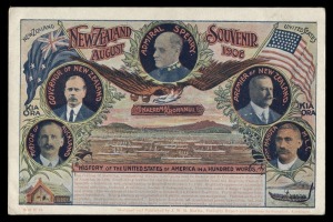 NEW ZEALAND: 1908 AMERICAN FLEET VISIT TO NEW ZEALAND PPC published by J.W.H. Martin; with advertisement for ROSLYN Unshrinkable All-Wool Underwear on the reverse. Unused.