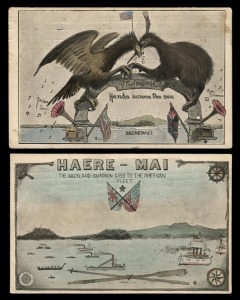 NEW ZEALAND: 1908 AMERICAN FLEET VISIT PPCS: one by artist, Trevor Lloyd "TE-HONGI" Hands across the sea, hand-coloured, FU May 1910 from Auckland; the other card, by Spreckley & Co is headed "HAERE - MAI : The Auckland Squadron Greets the American Fleet", also hand-coloured, FU Aug.1908 from Auckland. (2). Rare.