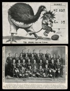 NEW ZEALAND: Two postcards related to the New Zealand Rugby Team's legendary tour of Britain in 1905. The first is a real photo of the whole team by Hardie Shaw; the second is a comical card by the artist, Trevor Lloyd, depicting "The Moa and the Lion". B