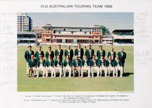 1989 AUSTRALIAN TEAM, official team photograph with title "31st Australian Touring Team 1989", with 21 signatures on mount including Allan Border, Merv Hughes, Dean Jones & Steve Waugh, size 38x27cm.