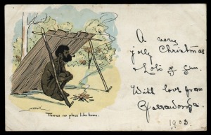 AUSTRALIA: A group of five postcards with artwork by Charles Nuttall: "Fond of his Grub", "Theres no place like home", "Tree-felling", "A Chopping Contest", and "Rail-Splitting." (5, of which one is used from YARRAWONGA). A rare group.