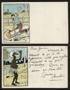 AUSTRALIA: A group of five postcards with artwork by Charles Nuttall: "Fond of his Grub", "Theres no place like home", "Tree-felling", "A Chopping Contest", and "Rail-Splitting." (5, of which one is used from YARRAWONGA). A rare group. - 2