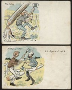 AUSTRALIA: A group of five postcards with artwork by Charles Nuttall: "Fond of his Grub", "Theres no place like home", "Tree-felling", "A Chopping Contest", and "Rail-Splitting." (5, of which one is used from YARRAWONGA). A rare group. - 3