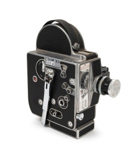 BOLEX-PAILLARD: H16M 16mm movie camera, c. 1962, with Pizar AR 26mm f1.9 lens [#482583], lens cap, viewfinder accessory, and eye cup.