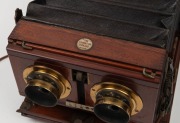 ADAMS & CO.:&nbsp;4&frac34; x 6&frac12;" plate stereo field camera, c. 1900s, with twin Wray London 5" Stereo lenses [#9583 & #9578], roller-blind shutter,&nbsp;and&nbsp;Watson Bowden 'The Antinuous' shutter release cable. - 2