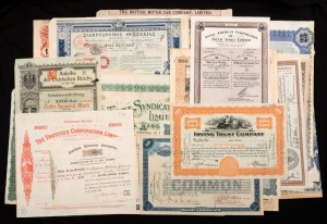 1847 - 1984 attractive collection of Company share and debenture documents; mostly with ornate engravings and many with English revenue impressed&nbsp;duty stamps. Noted "Norfolk Estuary Company" (1847); "Thessalian Railways" (1886); "The Arnoya Mining Co." (1