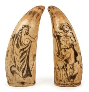 A pair of scrimshaw whale's teeth with engraved figural decoration, 11cm high