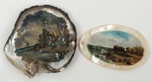 Two antique hand-painted pearl shells, Western Australian origin, 19th/20th century, 14cm and 15cm wide