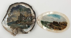 Two antique hand-painted pearl shells, Western Australian origin, 19th/20th century, ​​​​​​​14cm and 15cm wide