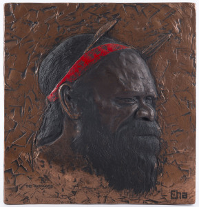 ARTIST UNKNOWN, "The Rainmaker" painted chalkware plaque, circa 1950, impressed monogram lower right "Cha", 46 x 43cm