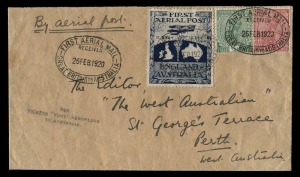 Aerophilately & Flight Covers: Nov.1919 - Feb.1920 (AAMC.27a) a "Ross Smith" vignette attractively tied by one of 3 strikes of the oval "FIRST AERIAL MAIL" cachet on a cover picked up in INDIA, one of the refuelling stops on the flight from England to Australia where Indian adhesives were affixed and tied by the oval cachet. With the three-line violet h/stamp at left beneath a third strike of the cachet. One of only 14 covers originating in India and one of only eight with the exceptional combi