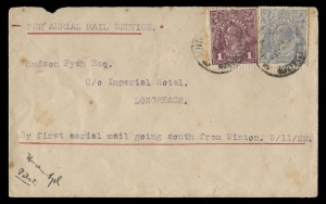 Aerophilately & Flight Covers: 2 Nov.1922 (AAMC.66c) Winton - Longreach flown cover, carried on the first air mail delivery flights by QANTAS and self-addressed and signed by the pilot, Hudson Fysh. An exceptionally rare example of the covers flown without the red label. A few spots, as usual. Cat.$7500.
