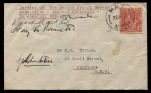 Aerophilately & Flight Covers: May - July 1933 (AAMC.312) 2nd Mackay Aerial Survey Expedition flown cover postmarked at HAY (1 of 4) and signed by the pilot, Frank Neale, the navigator, Harry Bennett, Donald Mackay and T. Robertson, pilot of the second plane. Cat.$500.