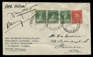 Aerophilately & Flight Covers: 3 April 1939 (AAMC.846) Sydney - Brisbane flown cover, cancelled on arrival in Brisbane and signed by the French pilot, Henri Martinet and Paul Klein, who had joined the flight in Sydney. Rarely seen. Cat.$525.