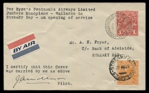 Aerophilately & Flight Covers: 20 August 1929 (AAMC.143a) Air Peninsula Airways first flight cover from Wallaroo to Streaky Bay (1 of 2), signed by the pilot, James Mollison. Cat.$600.