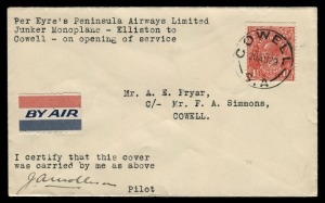Aerophilately & Flight Covers: 20 August 1929 (AAMC.144a) Air Peninsula Airways first flight cover from Elliston to Cowell (1 of 2); signed by the pilot, James Mollison. Cat.$600.