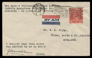 Aerophilately & Flight Covers: 20 August 1929 (AAMC.144d) Air Peninsula Airways first flight cover from Wallaroo to Adelaide (1 of 3); signed by the pilot, James Mollison. Cat.$600.