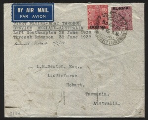 Aerophilately & Flight Covers: 30 June 1938 (AAMC.813d) Rangoon, BURMA - Melbourne (6 July b/stamp) and Hobart, flown cover carried on the first "all-the-way" flying boat service from England to Australia.