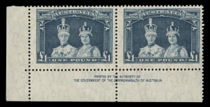 1948 (SG.176a-178a) 5/-, 10/- & £1 Robes (Thin paper) in matching Authority Imprint pairs, MUH. (6). Well centred and very fresh.