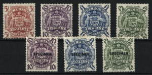 5/- - £2 Arms set of 4 MUH; plus SPECIMEN Overprints set of 3 lightly mounted. (7).