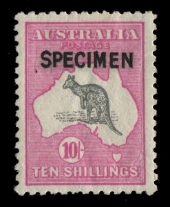 Kangaroos - Third Watermark: 10/- Grey & Intense Aniline Pink, overprinted SPECIMEN (Type B); well centred and fresh, mounted. BW: $600.