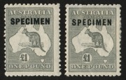 &pound;1 Grey, (2) overprinted SPECIMEN (Type C) well centred, and (Type D) centred left; mounted. Cat.$750.