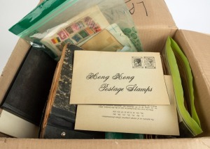 Large carton containing very untidy accumulation of stamps; some in albums - noted post-war Austria (MUH), Hong Kong QE2 definitives to $20 (MUH), but most of the rest is a jumble, with some water damage; a few coins and banknotes, etc.