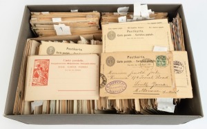 WORLD POSTAL STATIONERY: A huge accumulation of Used and Unused items, mainly pre-1950s; noted AUSTRIA, USA, GERMANY, ROUMANIA, ARGENTINA, MEXICO, DENMARK, RUSSIA, POLAND, FRENCH COLONIES, BELGIUM & COLONIES, PORTUGAL, BRAZIL, URUGUAY, TURKEY, ITALY, INDIA, MAURITIUS, GREAT BRITAIN, RUSSIA, SWITZERLAND, SWEDEN, NETHERLANDS, and many more. Contained in various boxes. (1000s). Ex. Walter Gronich collection.