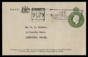 STAMPED TO ORDER POSTCARD: 1951 (BW: PS31) 3d green KGVI crowned circle, FU July 1953 for The Australian Gas Light Company. Rare. Cat.$500.