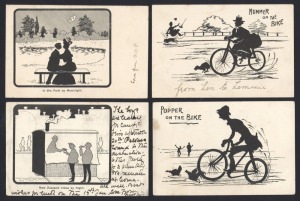 NEW ZEALAND: Nice group of "W & T Series" postcards, with subjects including silhouetted "Popper on the Bike", "Mummer on the Bike","New Zealand Cities by Night", etc. (12, incl. a couple of duplicates).