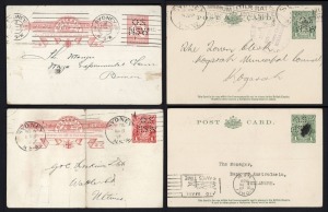 POSTAL CARDS PUNCTURED OS/NSW: 1913 1d Kangaroo (P24eb), 1915 1d red KGV (P27ed) and 1924 1d green Die 2 KGV (P62e x 2); all used, but condition is mixed. Cat.$1000.