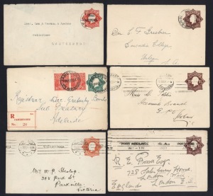 THE 1916 - 1924 OCTAGONAL DIE ENVELOPES: A collection comprising of 1½d Black-Brown - Brown (13, used), 1½d Green (2, Mint, 3, Used), 1½d Scarlet (6, Used), 2d Orange (2, Used), 2d Red (6, Used), 2d THREE HALFPENCE on 2d Red (4, incl. 1 CTO), with usages including upratings, registered and foreign destinations. (Total: 35).