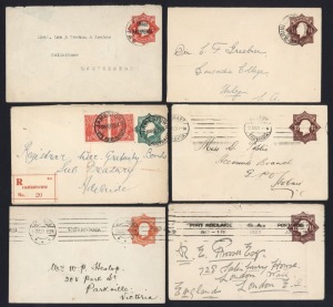 THE 1916 - 1924 OCTAGONAL DIE ENVELOPES: A collection comprising of 1½d Black-Brown - Brown (13, used), 1½d Green (2, Mint, 3, Used), 1½d Scarlet (6, Used), 2d Orange (2, Used), 2d Red (6, Used), 2d THREE HALFPENCE on 2d Red (4, incl. 1 CTO), with usages 