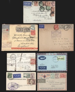 WORLD AIRMAIL & OTHER COVERS: An unorganized collection in a small album. Noted July 1914 Guillaux Melbourne - Sydney flown card (faults), various Australian 1930s first & special flight covers, New Zealand flight covers, European first & special flight covers, several Zeppelin flown items, India, Iraq, China dispatches, U.S. flown covers, Tin Can Mail items, etc. Mixed condition. (63 items).