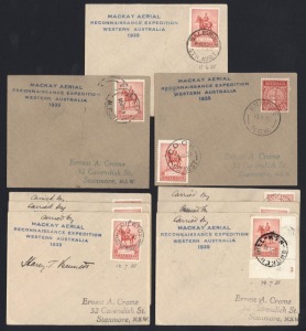 Aerophilately & Flight Covers: June-July 1935 (AAMC.517a) 3rd MacKay Aerial Survey Expedition flown covers: Oodnadatta - Cook (1 of 6), Hay (1 of 3), Salisbury (1 of 4), Forrest (signed by Bennett,1 of 5), Rawlinna (1 of 8), Laverton (signed by Bennett, 1 of 40, Farina (1 of 5), Narromine (signed by Bennett, 1 of 4) and Broken Hill (1 of 6), all with the blue 4-line Expedition cachet; Cat. $2700+. (9).