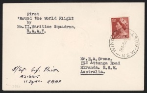 Aerophilately & Flight Covers: 5 April 1957 (Unlisted) cover endorsed "First Round the World Flight by No.11 Maritime Squadron R.A.A.F." and signed by Flight Sgt. C.J. Prior, 11 Sqdn, RAAF.