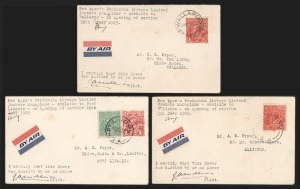 Aerophilately & Flight Covers: 19 August 1929 (AAMC.143) Air Peninsula Airways first flight covers from Adelaide to Wallaroo (1 of 6), Port Lincoln (1 of 4), and Elliston (1 of 6); all signed by the pilot, James Mollison. (3). Cat.$1800.