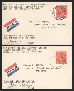 Aerophilately & Flight Covers: 20 August 1929 (AAMC.143b) Air Peninsula Airways first flight covers from Cowell to Port Lincoln (1 of 2), and Elliston (1 of 2); both signed by the pilot, James Mollison. (2). Cat.$1200.