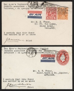 Aerophilately & Flight Covers: 20 August 1929 (AAMC.144) Air Peninsula Airways first flight covers from Streaky Bay to Wallaroo (1 of 2), and Adelaide (1 of 3); both signed by the pilot, James Mollison. (2). Cat.$1200.